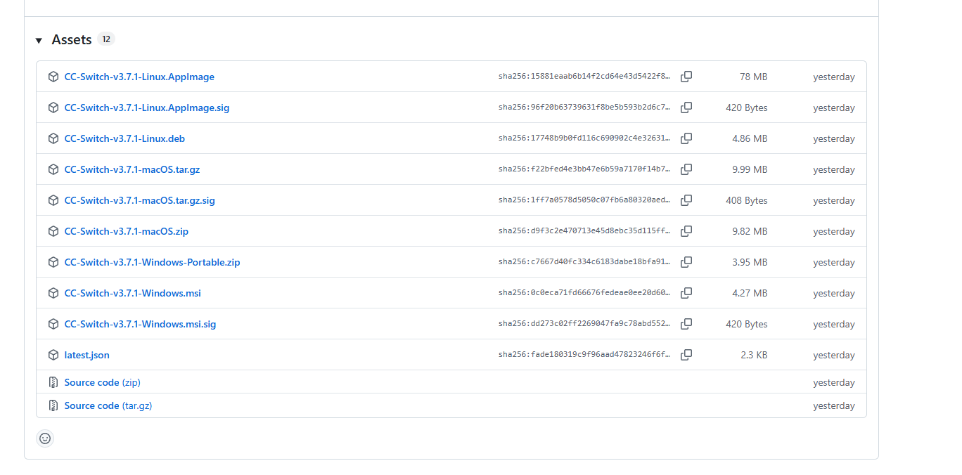 CC-Switch GitHub Releases 下载页面，展示 Windows/macOS/Linux 安装包